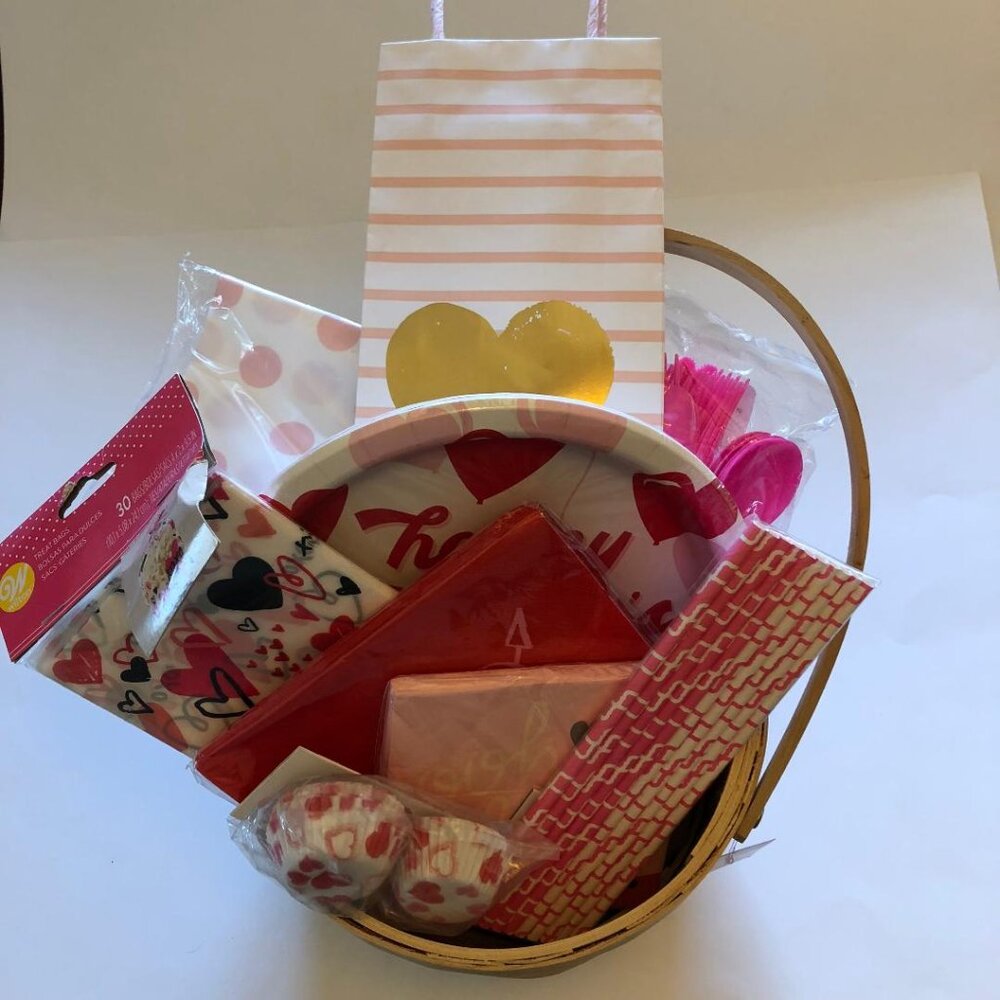 Supplies for a Make your own, Valentine's Day Gift Basket, (#3) Pink/White/Red